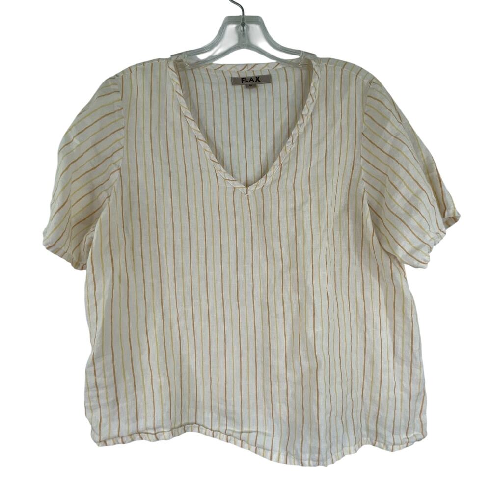 Flax Stripped Boxy Blouse Women's Small 100% Linen Country Charm Minimalist